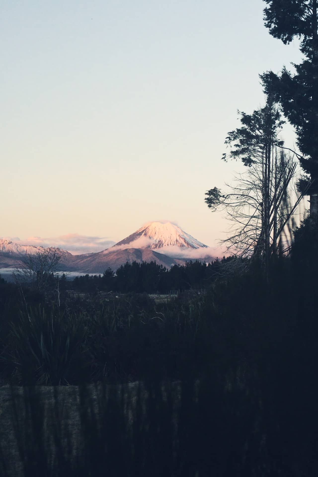 Photo of a snow-capped Mount Tongariro, taken from afar.