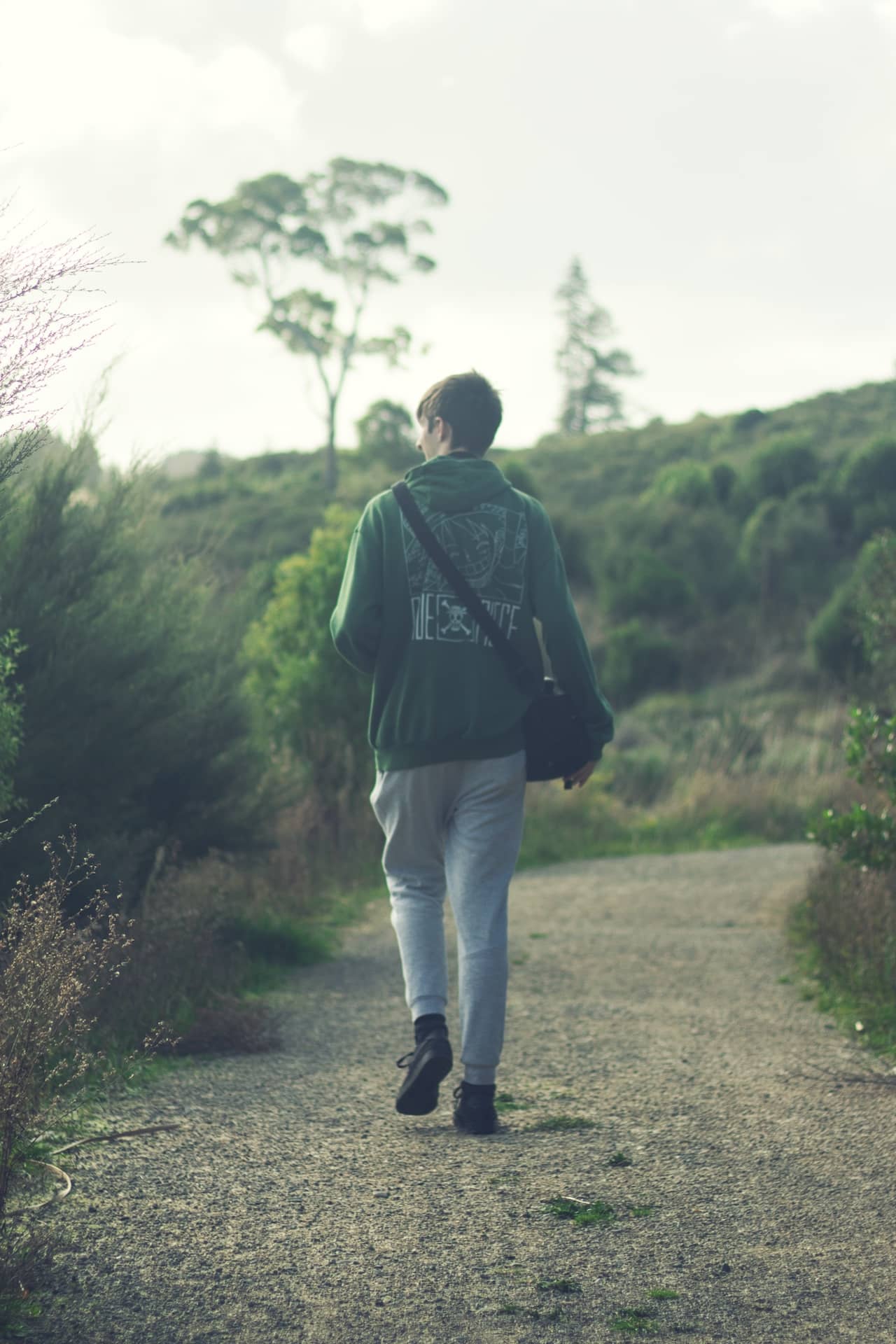 Photo of a photographer heading up a walking track with a camera bag slung over his shoulder, taken from behind.